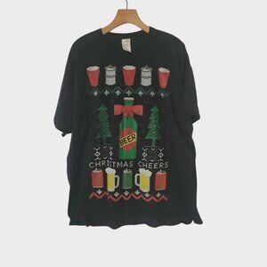 Dec 25th Ugly Christmas T-Shirt Beer Cheers Holiday Tee Shirt Black Mens 2XL